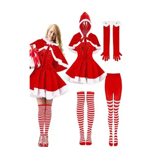 Vestido sem mangas do Natal com Cape Listrado Meias Meias Meninas Luvas Vermelhas Mulheres Papai Noel Traje De Natal