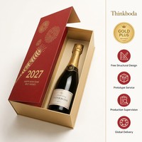 Boîte cadeau rigide rouge personnalisée pour champagne du Nouvel An, impression feu d'artifice dorée à chaud, pour bouteille unique, emballage festif pour vin mousseux