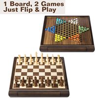 Jeu d'échecs magnétique 2 en 1 et dames chinoises, plateau en bois de 13 pouces avec tiroir de rangement, 72 billes de verre 6 couleurs, 2 reines supplémentaires