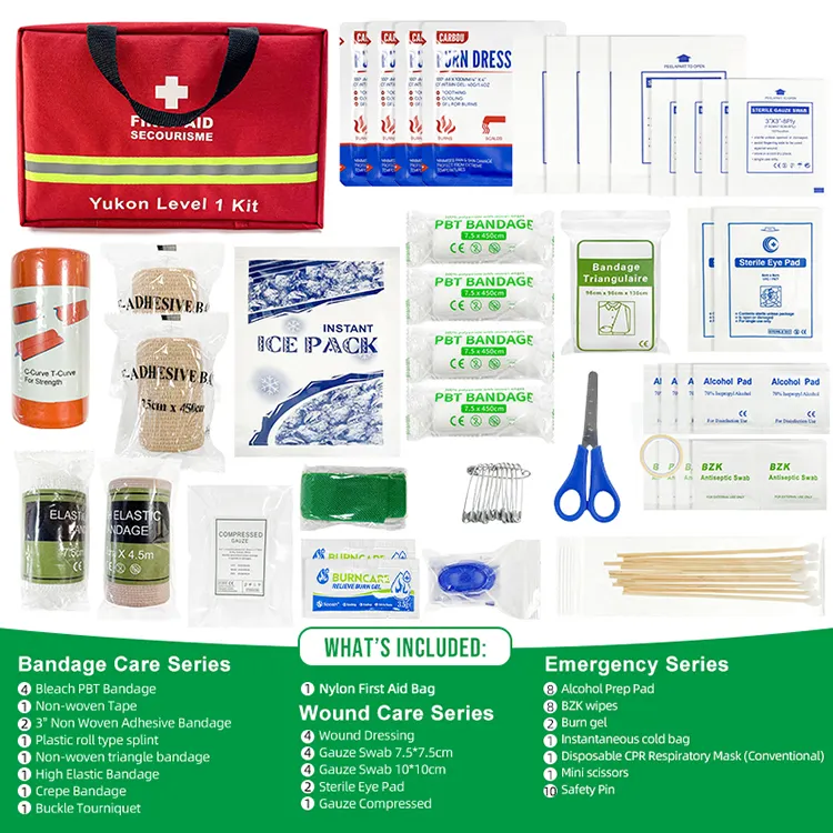 Promotional 61 pcs home safety first aid kit bag canvas first aid backpack with mask scissors splint for poland