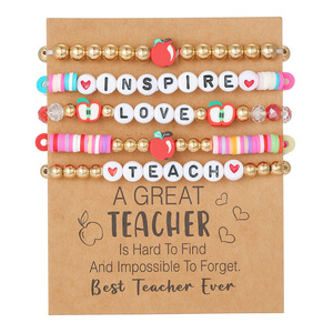 Conjunto de pulseras para el Día del Maestro, diseño de corazón y manzana con cuentas de arcilla polimérica coloridas, joyería apilable, regalo para profesores - Product Image 5