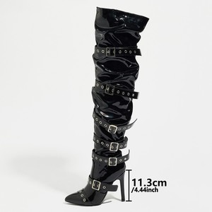 Bottines noires à rivets métalliques au-dessus du genou pour femmes, style punk sexy, boucle de ceinture, talons hauts de 11 cm, pointures 35-42 - Product Image 2