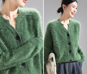 Cardigan en laine pour <span class=keywords><strong>femme</strong></span>, tricot en laine personnalisé avec logo, vente en gros, couleur unie, col rond, <span class=keywords><strong>pull</strong></span> en laine brossée, vente directe d'usine - Product Image 2