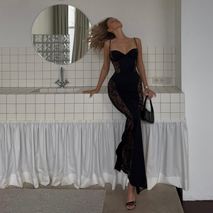 Robe longue moulante noire en dentelle avec découpes pour femme, robe de soirée formelle à fines bretelles, robe de soirée pour club - Product Image 5