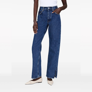 <span class=keywords><strong>Jean</strong></span> droit vintage bleu <span class=keywords><strong>foncé</strong></span> pour femme, taille haute, ourlet fendu sur le côté, délavé aux enzymes, pantalon en denim décontracté personnalisé - Product Image 2