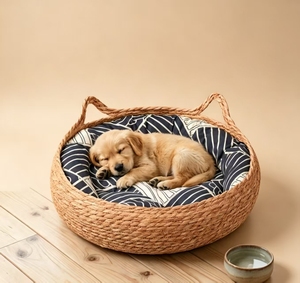 Collier rond tissé <span class=keywords><strong>avec</strong></span> poignée en rotin pour chats et chiens, amovible et lavable, toutes saisons, emballé en carton - Product Image 5