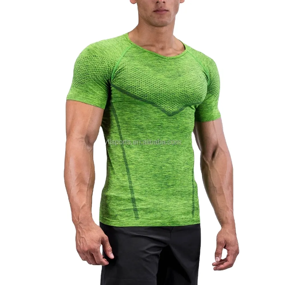 Gym Sport Wear Hoge Kwaliteit Custom Logo En Stof Mannen Casual Fitness Zomer Slijtage Fluorescerend Groen Naadloze T-shirt