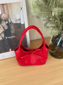 New retro bow <b>handbag</b> shoulder bag <b>red</b> women's autumn and winter large capacity bucket bag - Product Image 2