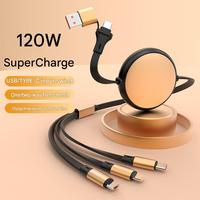 Kabel Data 3-in-2 Pengisian Cepat 6A, Dapat Ditarik, USB Type-C Micro 8-Pin Multi Port untuk Komputer dan Ponsel