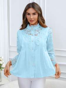 Nouvelle Blouse Élégante Grande Taille en Mousseline de Soie Brodé de Dentelle à Manches Longues pour Femme Printemps/Été 2026 – En Stock Entrepôt USA - Product Image 2