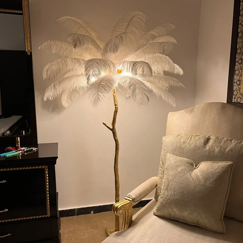 Feather Lights Resin Copper Brass Hotel palm Tree Standing Lamp Nordic Luxury Ostrich Feather stand light LED Floor Lamp modern