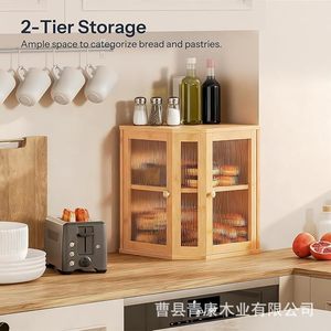 กล่องเก็บขนมปังไม้ไผ่ 30x30x38 ซม. กล่องจัดระเบียบครัวสองชั้นพร้อมประตูสำหรับขนมปังและของหวาน - Product Image 2