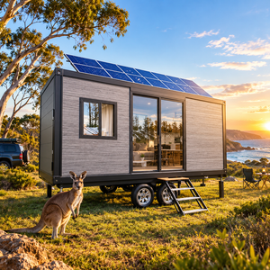 Maison conteneur extensible de 40 pieds, grain de bois noyer foncé, villa modulaire préfabriquée, 2 chambres, maison chaleureuse, énergie solaire pour l'Australie - Product Image 1