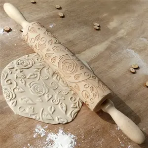 Novidade dia dos namorados rose embossing pino do rolo de massa de biscoito flor esculpida em madeira rolling pin