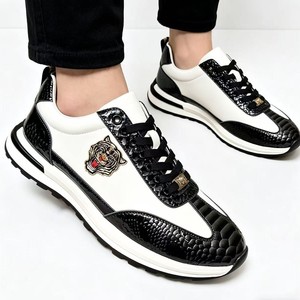 Men Genuine Leather Walking Shoes Lace Up Breathable Lightweight Casual Sneakers Tiger Embroidery Color <b>Block</b> - Product Image 4
