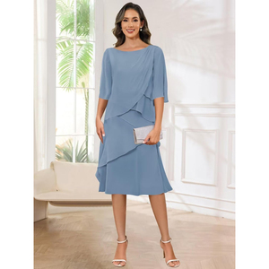 Bolodoo 2025 chiffon רשמי שמלה רשמית מזדמנים שמלת כלה באורך תה אמא כלה שרוולים קצרים ruffles מותן טבעי עבור פנאי פנאי - Product Image 4