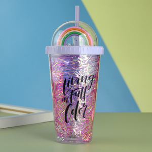 Double Walled Plastic Straw Cup Colorful Gold Thread Rainbow Design Portable Water Bottle For Students Back To School - Product Image 3