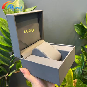 Boîte à montre rectangulaire en carton avec insert en similicuir, fermeture à pression anti-poussière, logo personnalisé en relief - Product Image 5
