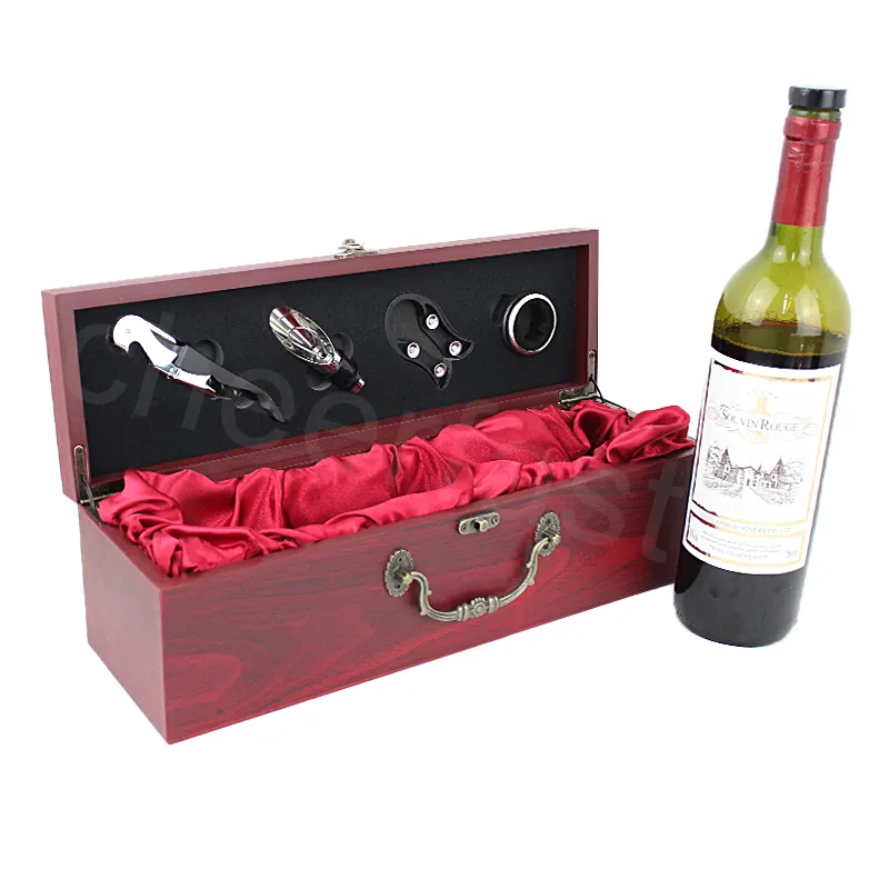 Easy Carry 750ML Red MDF Wooden Single Carry Storage Gift Boxes Packaging Customize Wood Wine Bottle Box With 4pcs Bar Tools