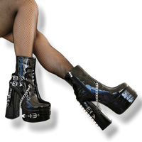 Bottes noires punk gothiques en cuir PU, bottines mi-mollet à plateforme, talons épais, chaussures à talon bloc pour cosplay, bottines courtes pour femmes