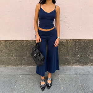 Ensemble 2 pièces pour femmes, haut en dentelle et pantalon large à taille haute, ensemble décontracté d'été, tenue douce et extensible - Product Image 5
