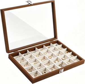 Boîte de rangement et de présentation rectangulaire en bois de noyer foncé pour bijoux, avec doublure en velours, pour bagues, colliers, bracelets, pendentifs, boucles d'oreilles - Product Image 1