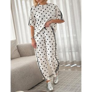 Conjunto de 2 Piezas para Mujer FOXA, Camiseta de Manga Corta con Estampado de Lunares y Pantalones con Rayas Laterales, Atuendo Casual Transpirable para Todas las Temporadas - Product Image 2