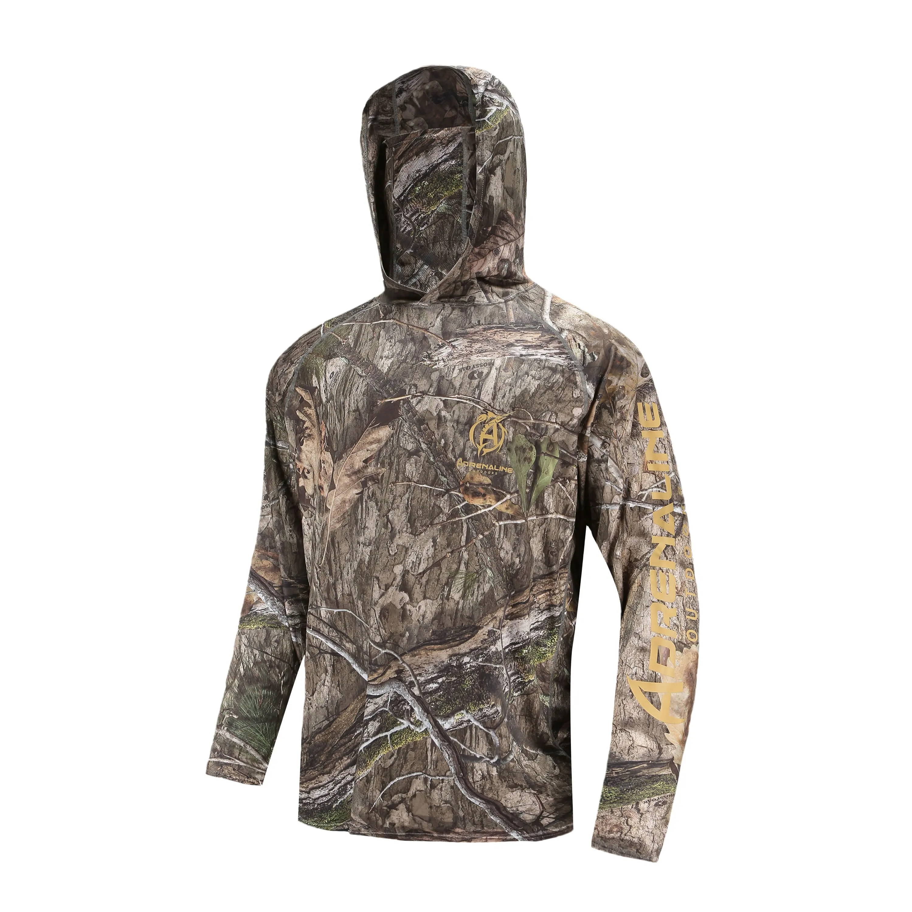 2023 New Design Polyester Full Printed Camo Mossy Oak Long Sleeve Hooded Hunting Shirts With Face Mask