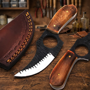 Cuchillo de caza con hoja de acero de alto carbono de punta recta dentada, mango de acero, funda de hueso, OEM personalizado, 1 hoja incluida - Product Image 4