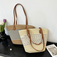 Grand sac fourre-tout en polyester à rayures pour l'été, sac à main en paille pour femme, sac à bandoulière en paille avec poignée, poignée en PU écologique
