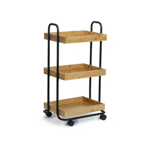 Cheap Price Eco-Friendly Black Steel Frame 3 Tier Trolley Carts Kitchen Bamboo Storage Carts