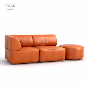Sofá Modular de Cuero EKAR <span class=keywords><strong>Valencia</strong></span> con Otomana Redonda en Vibrante Color Naranja - Product Image 1