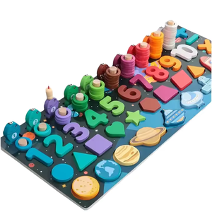 Tableau Montessori en bois sur le thème <span class=keywords><strong>de</strong></span> l'espace 4-en-1 : nombres, formes, tri, comptage, anneaux, pêche magnétique, jouet éducatif EN71 - Product Image 1