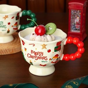 Merry Christmas <b>Ceramic</b> <b>Mug</b> Set With Red Beaded Handle Cartoon Design For Party Use - Product Image 1