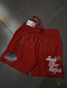Pantaloncini in cotone rosso anti-piega, vintage, traspiranti, in tessuto pettinato, stile streetwear, con strass <span class=keywords><strong>Scarface</strong></span> e grafiche applicate, servizio OEM - Product Image 3