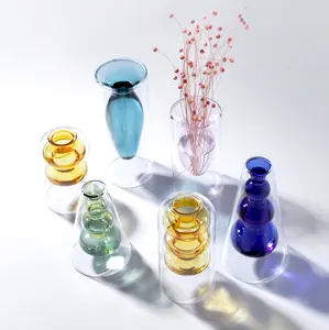 Atacado vaso de vidro transparente moderno nórdico-Vaso de flores de vidro, atacado, verde, dourado, azul, blusa de mão, cone transparente, colorido, decorativo, transparente
