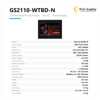 GS2110-WTBD-N Écran tactile HMI 10 pouces TFT 800x480 24V DC Ethernet RS-232 RS-422/485 Emplacement SD IP65F pour contrôle PLC