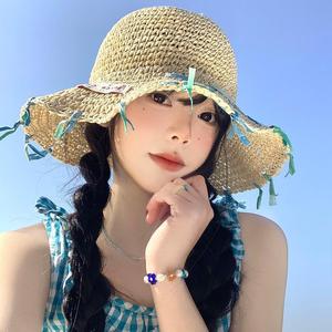 Women's Handmade Ribbon Woven Straw <b>Hat</b> Wide Brim Sun Protection Beach Vacation <b>Summer</b> Female Natural Grass Fisherman <b>Hat</b> - Product Image 2