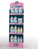 Présentoirs en carton pour shampoing et gel douche pour bébé Ray Custom, présentoirs pour sucettes bébé, présentoirs pour produits pour bébé POP