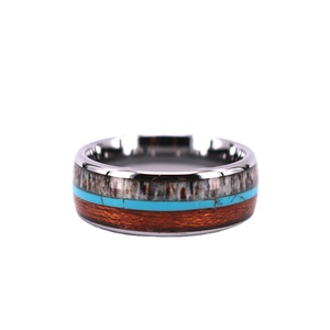 THX Jewelry 8MM Domed Tungsten <strong>Wedding</strong> Band <strong>Ring</strong> with Channel Set Turquoise and Deer Antler <strong>Wood</strong> Unisex Style - Product Image 3
