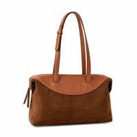 Tas Tote Kulit Suede Asli Buatan Tangan Dua Warna Panel U Rumbai Ritsleting Gesper Tali Tas Selempang Wanita Label Pribadi Pesanan Khusus