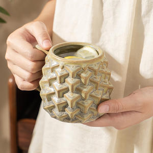 Earthenware Mountain And Sea Rhombus <b>Ceramic</b> <b>Mug</b> With Handle Retro Kiln Fired Coffee Cup For Home Office Japanese Minimalist - Product Image 4