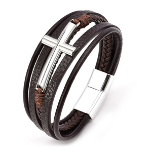 Pulsera trenzada multicapa de cuero negro marrón POYA para hombre con hebilla magnética cruzada de acero inoxidable envoltura de moda - Product Image 1