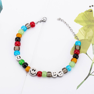Colorful Glass Bead <b>Titanium</b> Steel Smiley Face Bracelet Unisex Fashion Jewelry - Product Image 4