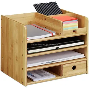 Organizador de escritorio personalizado de madera de bambú para oficina, almacenamiento de cuadernos y bolígrafos con cajón