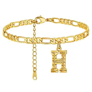 Pulseira de ouro 18K com letras A-Z para mulheres, joia de aço inoxidável com laço cubano, joia com pingente