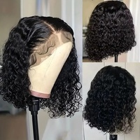 Peluca de Cabello Natural de Alta Calidad para Mujer, Diseño Clásico, Estilo Bob Negro Mediano, Cabello Rizado Pequeño, Peluca con Frente de Encaje para Mujer