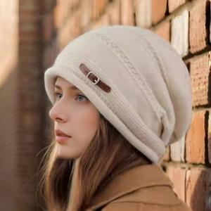 Bonnet en laine tricoté pour femme, doublé polaire, coupe ample, hiver automne, kaki gris foncé noir, style décontracté et tendance - Product Image 5