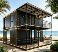 Maison conteneur noire à 2 étages, préfabriquée et modulaire, avec bande lumineuse LED, mur en verre, balcon, villa de plage