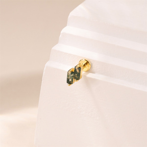 Pendientes de Plata de Ley S925 con Baño de Oro de 18K y Piedras Rectangulares Dobles de Ágata Verde Musgo Natural con Parte Posterior Plana - Product Image 4